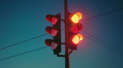 A traffic light displaying red and yellow signals against a twilight sky.