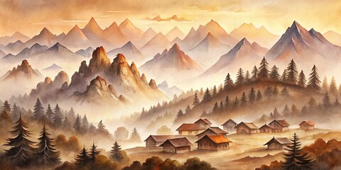 A Misty Mountain Village Nestled Among Silhouetted Pines, Bathed in the Warm Glow of the Setting Sun