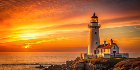 Lighthouse bathed in orange sunset light, emitting feelings of comfort and tranquility, lighthouse, sunset