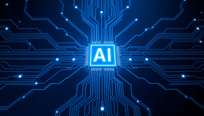 Glowing Purple AI Chip on Blue Circuit Board, Symbolizing Advanced Artificial Intelligence Technology.