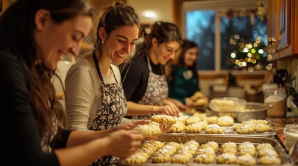 A lively holiday baking session in a warm kitchen with friends making cookies and sharing laughter The air is filled with the aroma of holiday spices and joy A fun and festive holiday tradition 