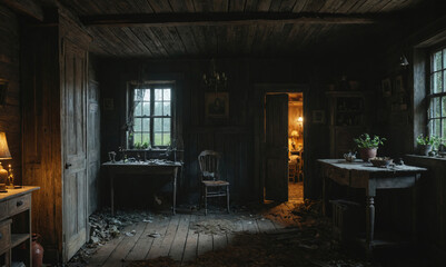 Fototapeta premium A dark room with a chair and a table