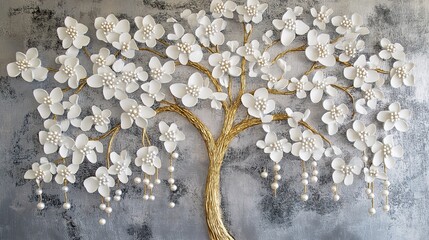 tree with golden stem with on hanging branches pearl over the 3d white flowers