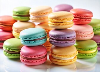 Obraz premium Delightful Assortment of Colorful Macarons on White Background for Culinary and Dessert Photography, Ideal for Food Blogs, Recipes, and Sweet Treats Promotion