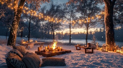 A peaceful winter picnic in the snow with friends gathered around a firepit enjoying hot drinks The scene is filled with warmth and laughter as everyone enjoys the beauty of the season A cozy 