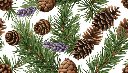Fototapeta premium Elegant pattern featuring pine cones and evergreen branches on a white background in a natural design