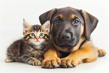 Charming puppy and kitten joyfully interacting, showcasing their innocent and friendly bond , isolated on white background,  , copy space, copy space for text,
