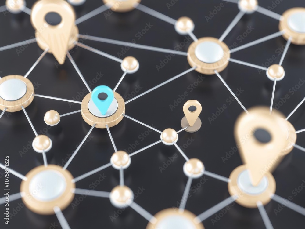 Poster 3d render of interconnected wooden nodes with a location marker, illustrating networking and connect