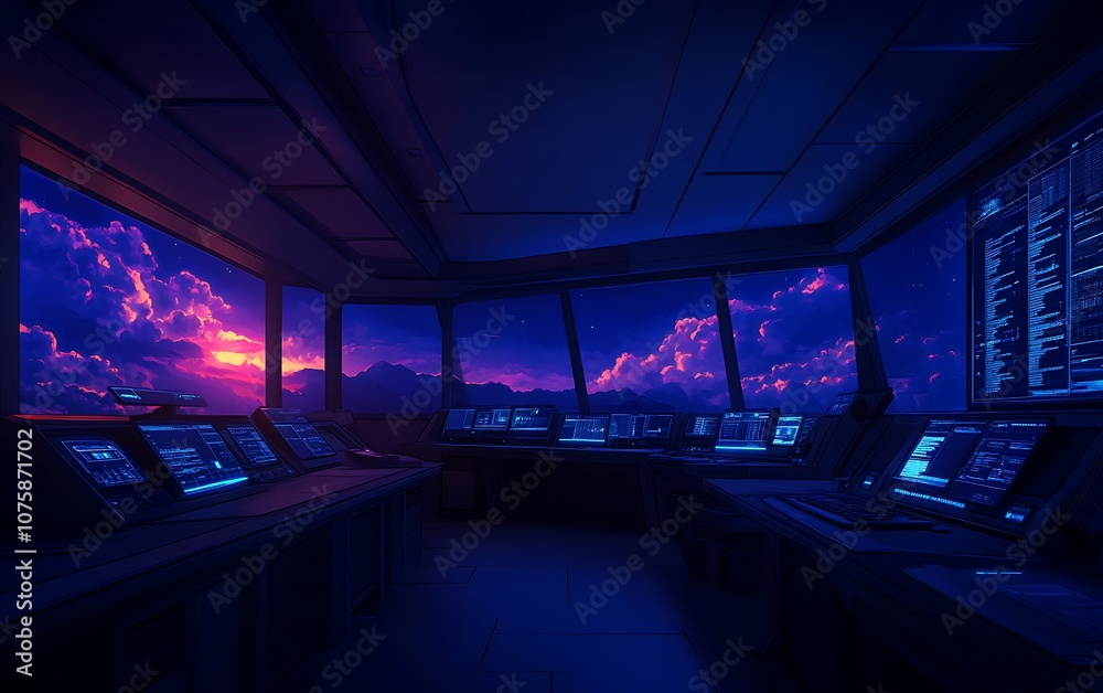 Aufkleber a futuristic control room illuminated by deep blue light, featuring screens and panoramic views of a