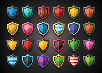 Diverse Shield Designs for Protection and Security in Flat Black Style, Featuring Various Shapes and Illustrative Elements for Branding and Graphic Use