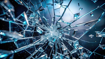 Fototapeta premium Glass mirror shattering in super slow motion, creating debris Macro photography , glass, mirror, break, shatter, debris