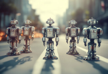 intelligent futuristic work design render technology employment mechanism resource business executive candidate character queue employee employer recruit hiring 3d interview person intelligence cyborg