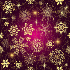 Vector hand drawn seamless winter pattern with glitter golden snowflakes on a dark purple gradient background