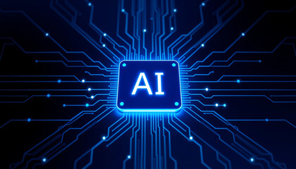 Glowing Purple AI Chip on Blue Circuit Board, Symbolizing Advanced Artificial Intelligence Technology.