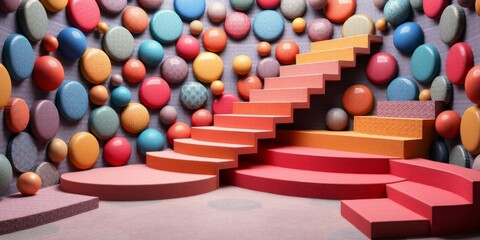 3D rendering of colorful spheres scattered on a stylish terrazzo staircase, unique, vibrant