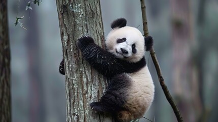 Fototapeta premium Observing Giant Pandas Hanging Out in Trees at Chengdu Base