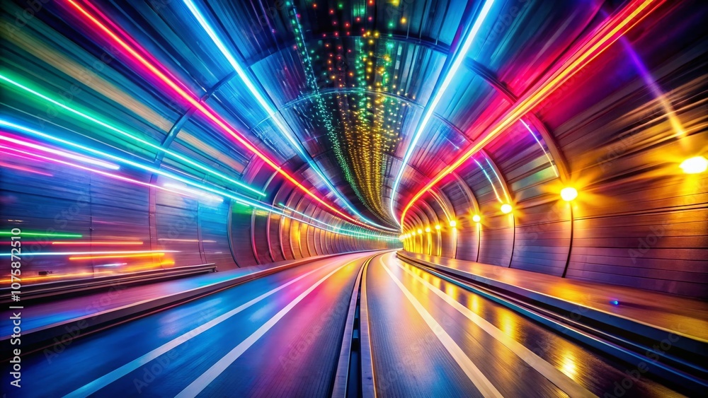 Poster dynamic fast-paced through event lights tunnel vj loop with striking colorful illumination and motio