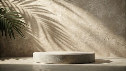 Fototapeta premium Mockup stone podium with leaf shadows on rough wall , mockup, stone, podium, leaf, shadows, rough wall,rendering