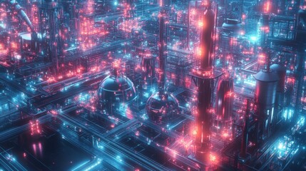 Fototapeta premium A futuristic oil refinery with modern machinery under a soft glowing light,