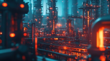 Fototapeta premium A futuristic oil refinery with modern machinery under a soft glowing light,