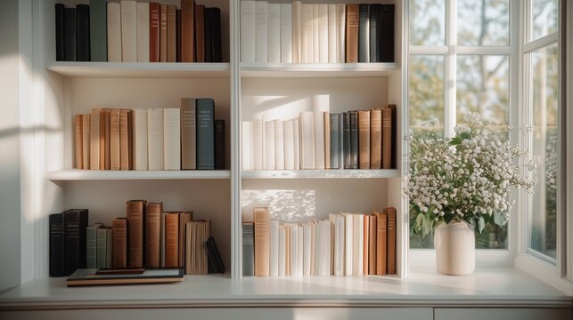 Sunlit Cozy Elegant Home Library with Window and Books: Empty Room. Zoom Virtual Backgrounds, Cozy Interior Backdrops, Living Room Backgrounds for Virtual Meetings
