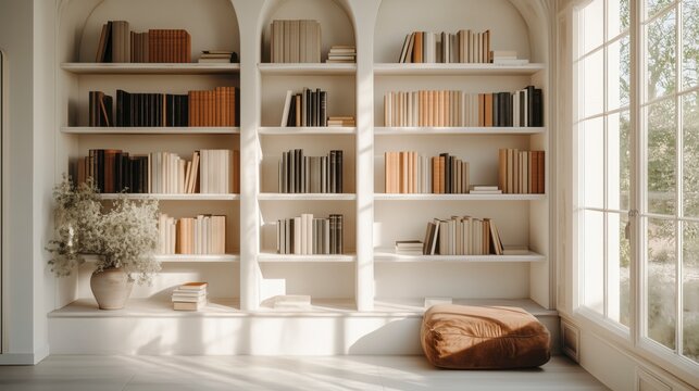 Sunlit Cozy Elegant Home Library with Window and Books: Empty Room. Zoom Virtual Backgrounds, Cozy Interior Backdrops, Living Room Backgrounds for Virtual Meetings