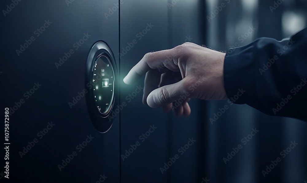 Aufkleber A hand is about to interact with a circular digital interface on a dark surface, suggesting access or unlocking of a secure system.