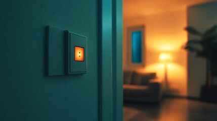 A close-up of a light switch with an illuminated orange button, leading to a softly lit room.