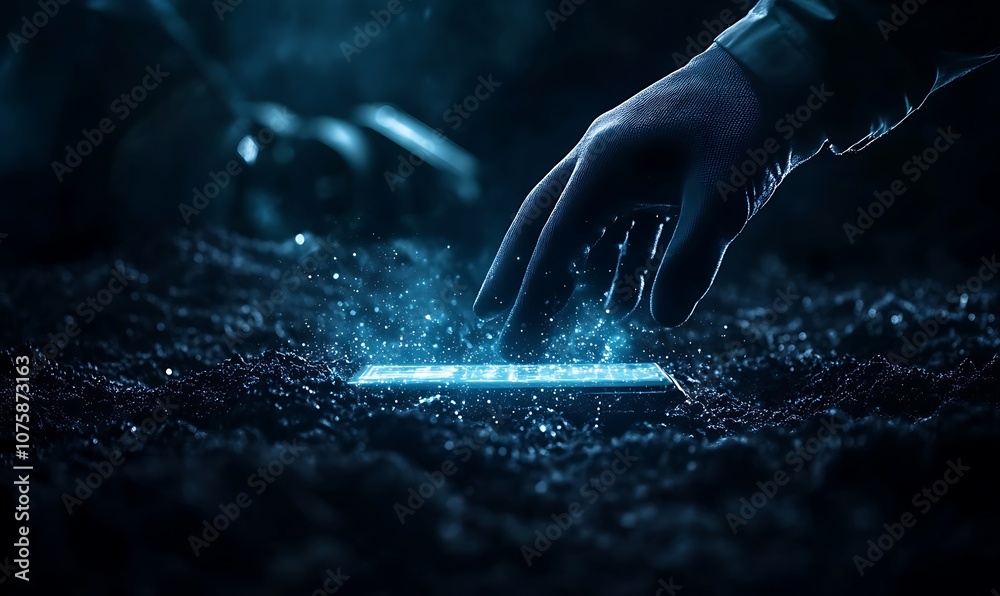 Poster a glowing object lies in a dark, mysterious environment, as a gloved hand reaches toward it, surroun