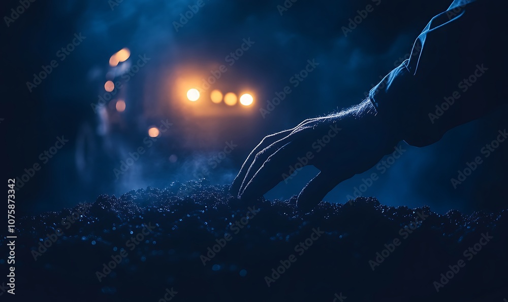 Fototapete a hand reaches towards a textured surface amidst a blue, misty background illuminated by distant lig