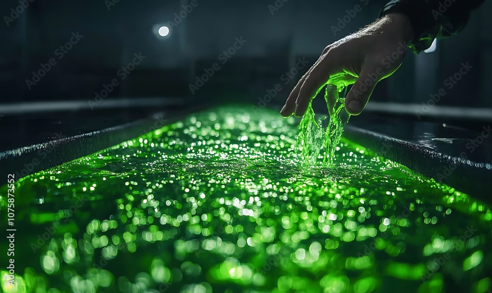 Poster A hand reaches into a luminous, green liquid, creating ripples on its surface under dim lighting.