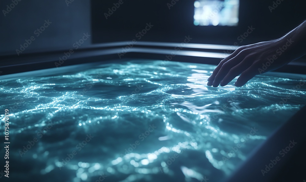 Poster a serene hand touches a calm, illuminated water surface, creating gentle ripples in a tranquil envir