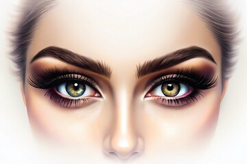 Naklejka premium Elegant Female Eyes with Long Eyelashes and Perfectly Shaped Eyebrows on a White Background - Beauty Salon, Eyelash Extensions, Microblading, and Mascara Concept