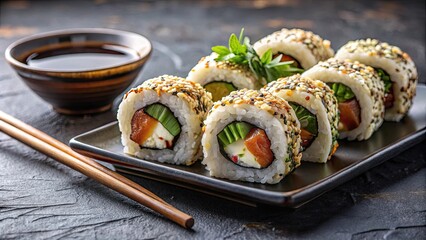 Sushi maki roll with sesame and soy sauce on dark plate with chopsticks, sushi, maki roll, sesame, soy sauce