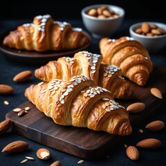 Freshly baked croissants with almond topping on dark wooden board and decorative almonds