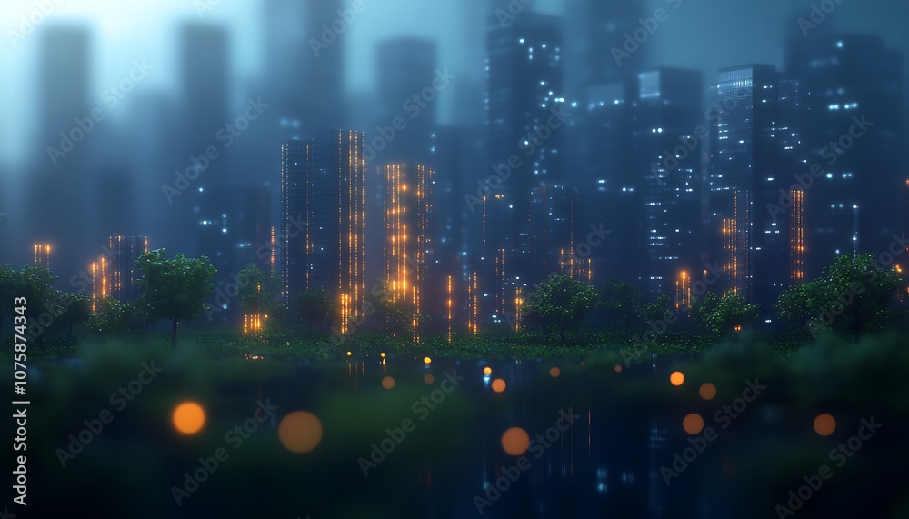 Aufkleber a moody cityscape at dusk with glowing lights, surrounded by greenery and a reflective water surface