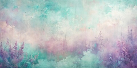 Obraz premium Abstract Silhouettes of a Distant Forest Emerge from a Misty, Color-Washed Sky