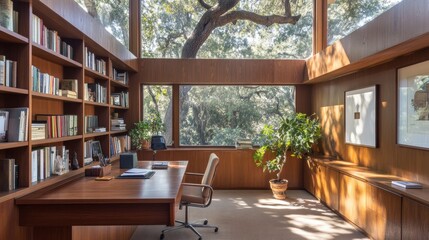 Fototapeta premium Modern office space with wooden shelves, plants, and large windows.