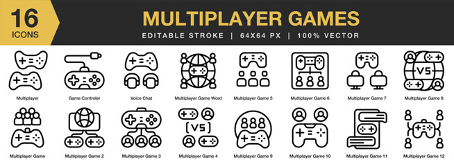 Multiplayer Games icon set. Editable Stroke Icon Collection. Includes Console, Game, Joystick, Multiplayer, Online, and More. Outline icons vector collection.
