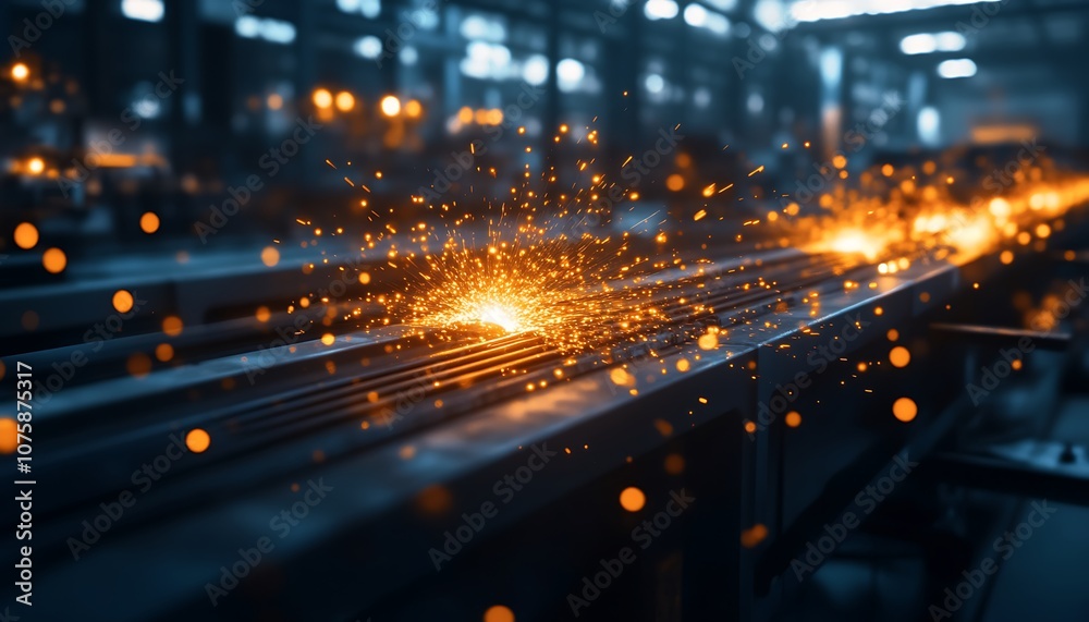 Poster a close-up view of sparks flying from metalwork in an industrial setting, showcasing the energy and 
