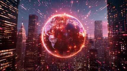 Fototapeta premium stunning multi exposure scene of glowing globe above city skyline, showcasing vibrant lights and energy. image captures essence of urban life and global connectivity