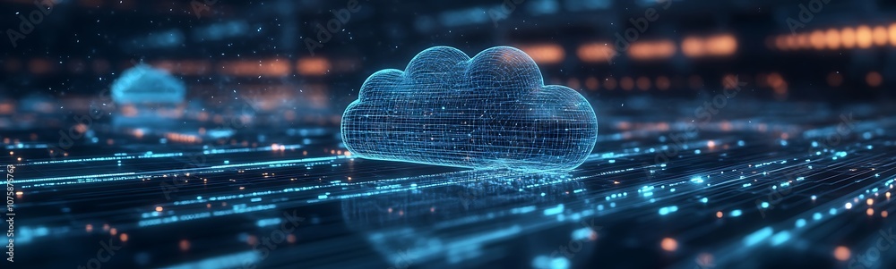 Fototapete A futuristic digital cloud depicted with glowing data patterns, symbolizing concepts like cloud computing and data flow in a high-tech environment.