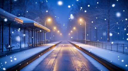 train station platform under the snow in a winter evening