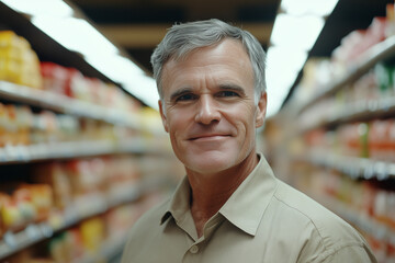 Obraz premium Portrait of a smiling middle-aged man with gray hair wearing a light brown shirt in a supermarket aisle with shelves of products in the background