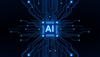 Glowing Purple AI Chip on Blue Circuit Board, Symbolizing Advanced Artificial Intelligence Technology.