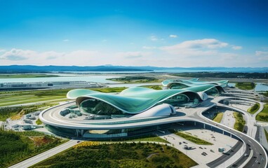 Obraz premium Aerial view of a modern airport terminal with a unique architectural design and surrounding landscape.