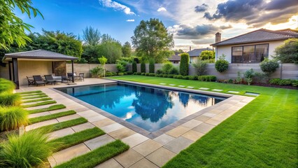 Backyard oasis featuring concrete pavers, a pool, and lush grass, backyard, concrete pavers, pool, grass