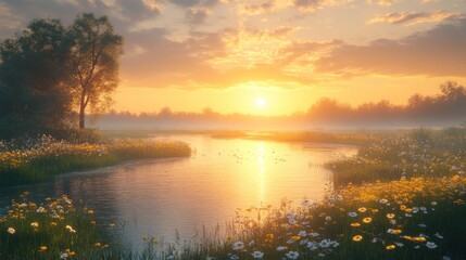 Fototapeta premium Serene sunset over a tranquil river surrounded by blooming flowers.