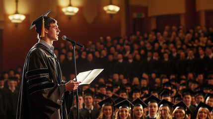Young male graduate in cap and gown speaking at a graduation ceremony, addressing a large audience of fellow graduates