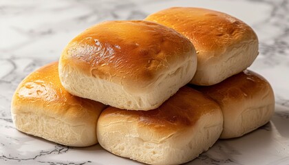 Five soft, golden brown dinner rolls stacked on a white marble surface.